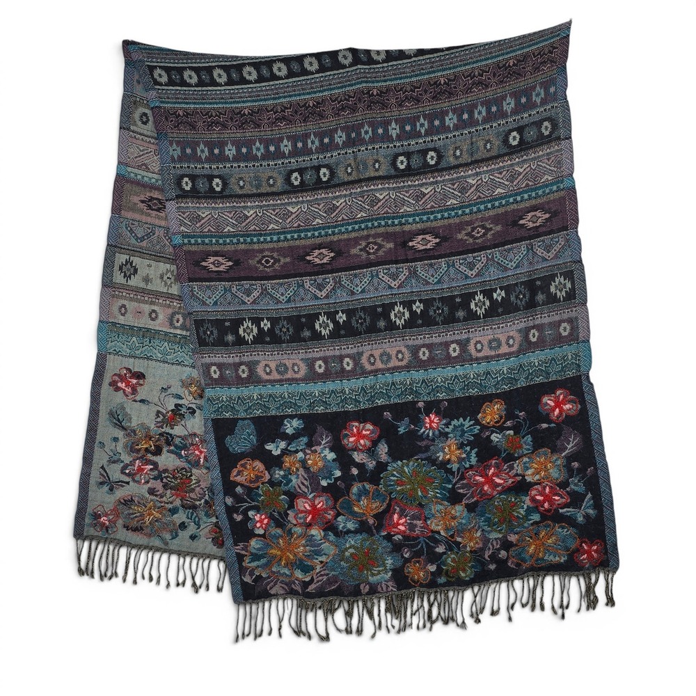 Tolani Pure Wool Floral Embroidered Scarf Boho Geometric Fringe Wrap Navy Multi